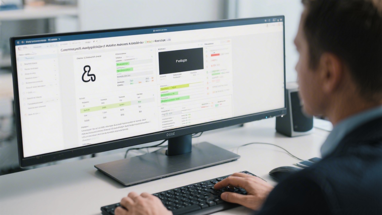 Accessibility expert reviewing contrast ratios and keyboard navigation reports on a dual monitor workstation during compliance audit