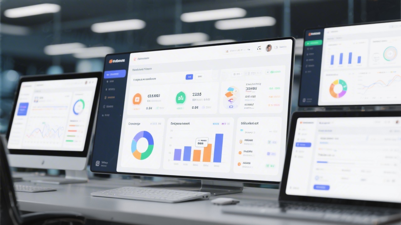 Modernized enterprise dashboard showing refined navigation, improved data visualization widgets, and contextual help modules across multiple screens