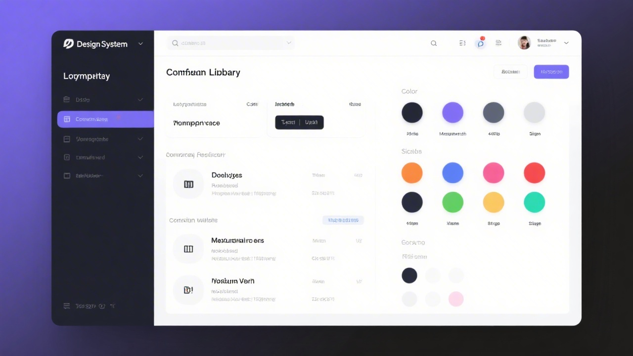 Detailed design system library interface showing component variants typography scales and color tokens