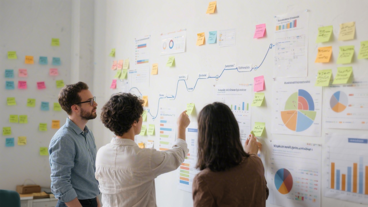 Design strategists mapping user journeys on a wall covered with sticky notes and data charts to prepare a comprehensive roadmap