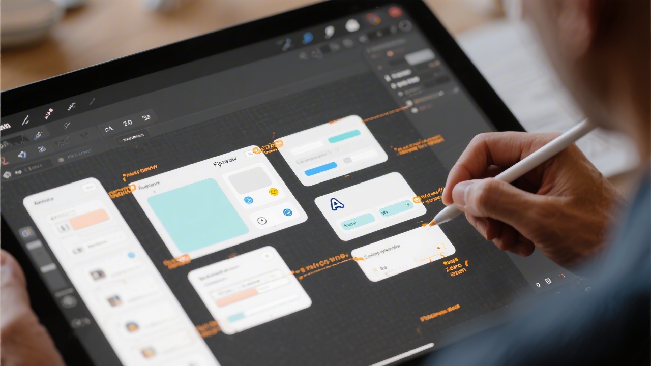 Close-up view of a product designer iterating Figma prototypes with detailed component panels and accessibility annotations