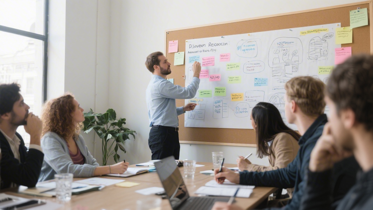 Facilitator leading a user research workshop with participants adding insights on a large board during discovery phase