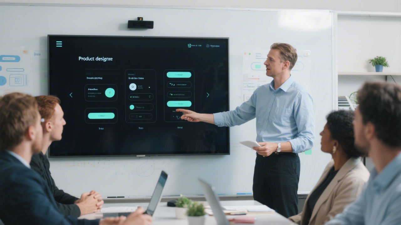 Product designer presenting interactive interface concepts on a digital whiteboard to a stakeholder group
