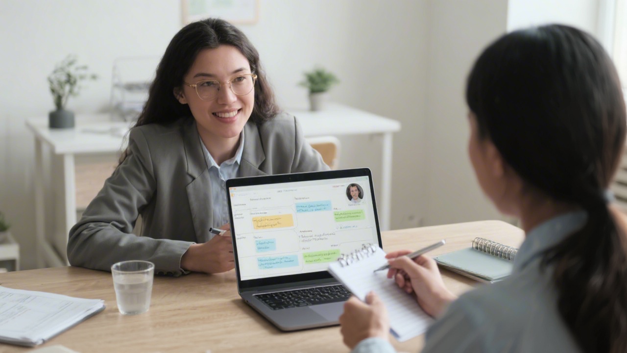 Research specialist conducting moderated remote interviews while noting qualitative insights on a laptop