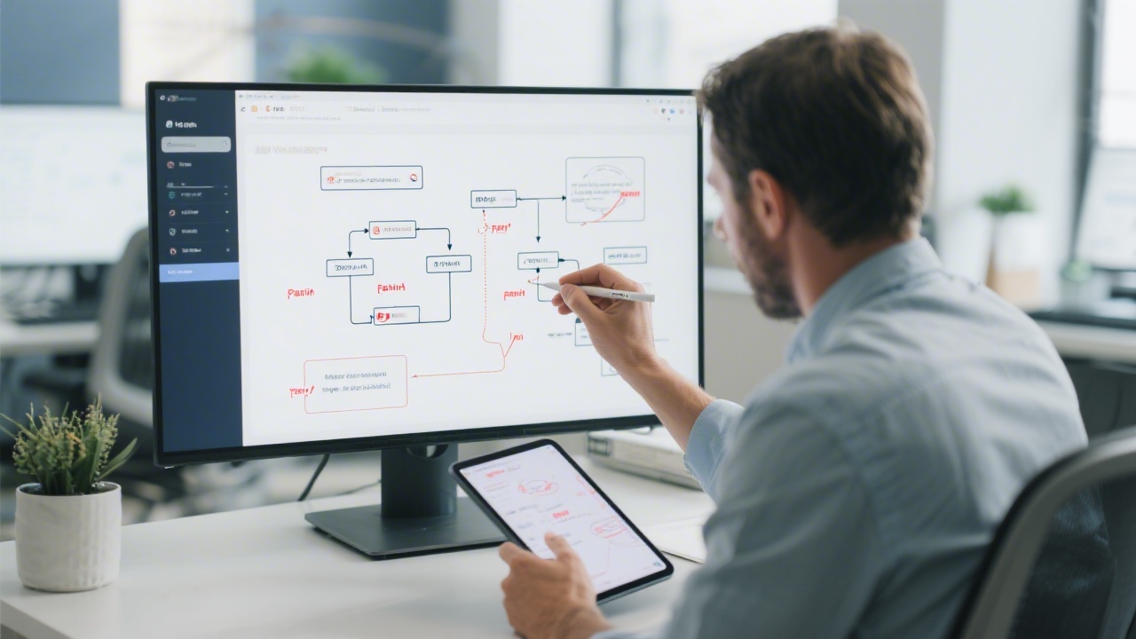 UX consultant analyzing user flow diagrams displayed on a large monitor while annotating pain points on a tablet device